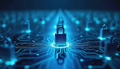 Aufkleber - Cybersecurity concept with padlock on circuit board data protection, network security, cyber defense. Data protection, secure access, internet security, information technology, digital safety. System