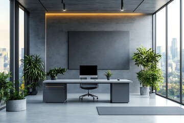 Fototapete - Executive Office Interior with Concrete Wall Large Monitor and Cityscape View for Business and Productivity : Generative AI