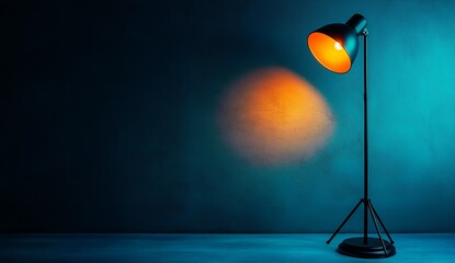 Aufkleber - Stylish tripod floor lamp glowing warmly against an elegant blue wall creating a comforting ambiance : Generative AI