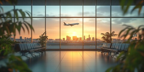 Poster - Airport Terminal View of Airplane Taking Off at Sunset with City Skyline in Background and Green Plants : Generative AI