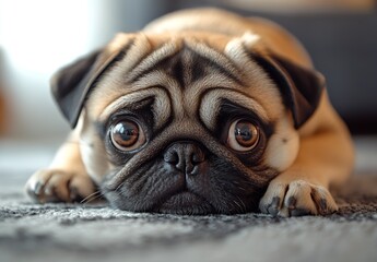 Poster - Pug dog lying comfortably on a plush rug with a thoughtful expression and curious eyes : Generative AI