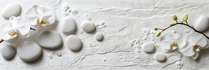 Poster - Serene Spa Scene White Orchids Smooth Stones and Delicate Petals on Textured White Background for Relaxation and Wellness : Generative AI