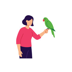 Poster - Woman interacting with green parrot in flat vector art illustration