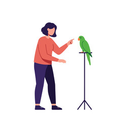 Poster - Woman interacting with green parrot in flat vector art illustration