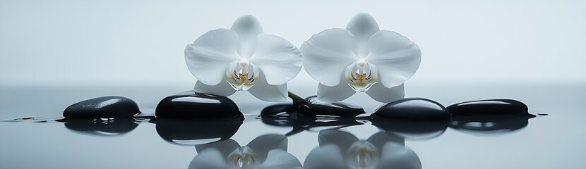 Poster - Zen Still Life Orchids and Stones Serene Spa Scene Peaceful Water Reflection Black Rocks White Flowers Wellness Concept : Generative AI