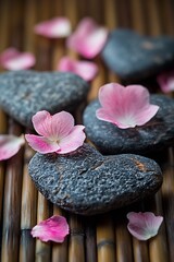 Poster - Charming arrangement featuring heart stones surrounded by pink flower petals for a soothing and natural ambiance : Generative AI