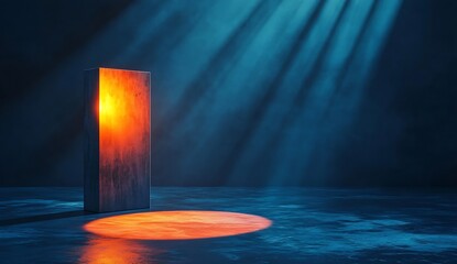 Poster - Stunning beam of light illuminating metallic block in a dark atmosphere creating a dynamic visual contrast : Generative AI
