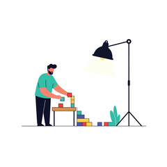 Poster - Man stacking colorful blocks under a lamp in flat vector art