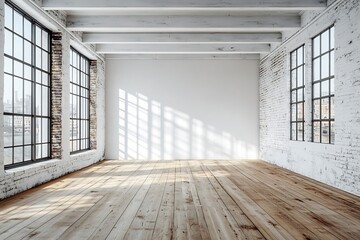 Aufkleber - Modern Loft Interior with Brick Walls Large Windows and Wooden Floors Ideal for Real Estate and Design Visuals : Generative AI