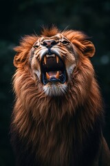 Poster - Majestic Lion Roaring Portrait Close Up Powerful Wildlife Animal Predator Feline King Nature Photography : Generative AI