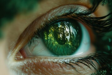 Poster - Close-up of an eye reflecting a lush green forest, capturing natures beauty through the iris in vibrant tones