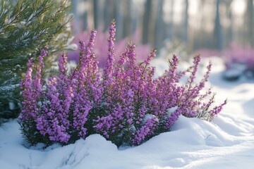 Aufkleber - Winter scene featuring vibrant purple heather flowers poking through fresh snow creating a beautiful contrast of color and texture : Generative AI