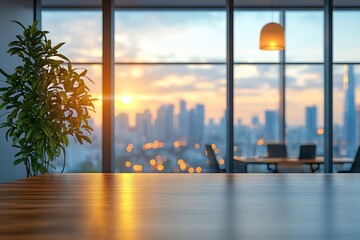 Leinwandbilder - Contemporary Office Space with Wooden Desk City View Through Window at Sunset Modern Business Interior Design : Generative AI