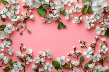 Poster - Blossoming White Cherry Flowers Frame on Pink Background a Springtime Floral Arrangement for Greeting Cards : Generative AI
