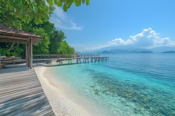 Poster - Tropical Beach Paradise with Clear Turquoise Water and Wooden Pier Serene Ocean View Peaceful Vacation Destination Island Getaway : Generative AI
