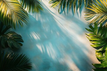 Poster - Tropical Leaves Shadow Overlay on Blue Wall Background for Summer Vacation and Relaxing Concepts : Generative AI