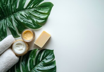 Poster - Luxury Spa and Beauty Products Flat Lay Fresh Natural Cosmetics Tropical Monstera Leaves Minimalist Clean White Background : Generative AI