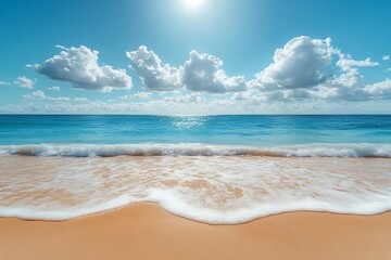 Aufkleber - Tropical Beach Paradise with Golden Sand Azure Sea and Puffy Clouds Perfect for Summer Vacation and Relaxation Imagery : Generative AI