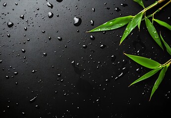 Poster - Elegant bamboo leaves with droplets on black surface creating a serene and peaceful atmosphere : Generative AI