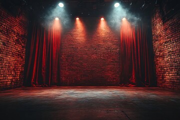 Aufkleber - Dramatic Stage with Red Brick Wall and Velvet Curtains Illuminated by Spotlights for Performance Backdrop : Generative AI