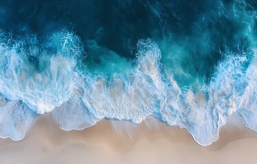 Poster - Aerial View of Ocean Waves Crashing on Sandy Beach Turquoise Blue Water Coastal Seascape Tropical Paradise Top Down View : Generative AI