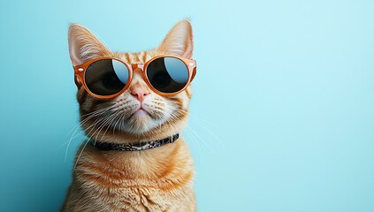 Poster - Funny Cat Portrait Wearing Retro Sunglasses Against a Blue Background Humor and Style : Generative AI