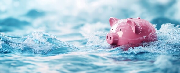Aufkleber - Pink Piggy Bank Adrift in Blue Water Waves Concept for Financial Risk Savings Underwater Debt and Economic Crisis : Generative AI