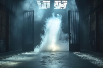Poster - Dramatic Warehouse Interior with Open Doors and Ethereal Smoke Atmospheric Industrial Scene for Thriller and Mystery : Generative AI