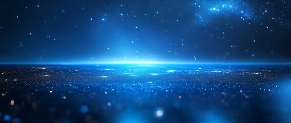 Poster - Celestial Blue Horizon Background Dazzling Starry Night Cosmic Landscape Glowing Particles Scifi Concept : Generative AI