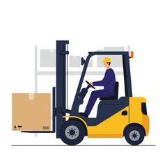 Poster - Forklift operator moving box in flat, minimal vector illustration