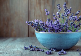 Aufkleber - Fresh lavender flowers beautifully arranged in a bowl on a rustic wooden surface : Generative AI