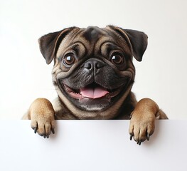 Poster - Adorable Pug Puppy Peeking Over Edge Cute Dog Smiling Funny Animal Portrait Expressive Face White Background Playful and Happy : Generative AI