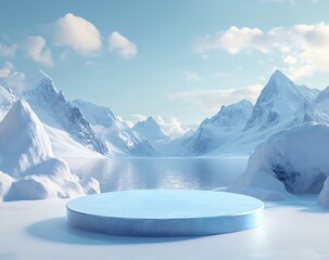 Poster - Charming view of an icy realm with a circular platform surrounded by snowcovered peaks under a beautiful sky : Generative AI