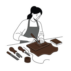 Poster - leather crafting process with tools in minimal flat design vector art