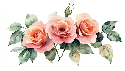 Poster - Stunning watercolor painting of pink roses with soft petals and lush greenery surrounding them : Generative AI