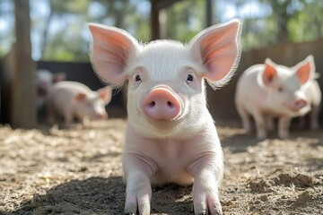 Poster - Cute Baby Piglets in a Farm Setting Close Up Portrait with Friendly Eyes and Snout Ideal for Animal Lovers : Generative AI
