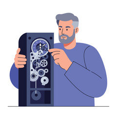 Poster - Man adjusting gears in a vintage clock design in flat vector art style