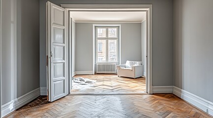 Poster - Empty Room with Herringbone Wood Floor White Walls and Open Doorway for Interior Design and Real Estate : Generative AI