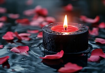 Poster - Floating Candle with Red Rose Petals Serene Water Reflection Romantic Spa Treatment Meditation Ambiance : Generative AI