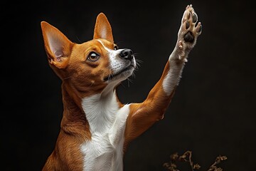 Poster - Cute Basenji Dog Reaching Up with Paw Asking for Treat Adorable Canine Pet Expressive Animal Behavior Studio Shot : Generative AI