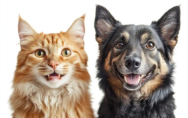 Poster - Charming Cat and Dog Portrait Side by Side on White Background Perfect for Pet Lovers and Animal Themes : Generative AI