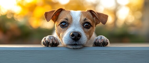 Poster - Adorable Jack Russell Terrier Puppy Posing Behind Wooden Fence Close Up Sweet Dog Eyes Cute Animal Pet Canine Friend : Generative AI