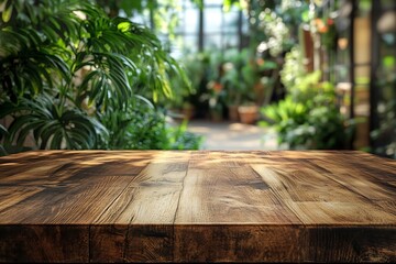 Aufkleber - Rustic Wooden Table with Lush Greenery Backdrop in a Garden Setting for Outdoor Dining and Nature Photography : Generative AI