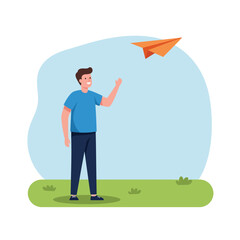 Poster - Young man launching paper airplane in a flat vector art style
