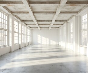Poster - Bright Empty Loft Interior with Natural Light and Exposed Beams Minimalist Architectural Space and Window View : Generative AI