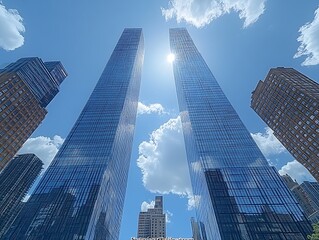 Poster - Skyscrapers Under Bright Blue Sky Looking Up at Modern Architecture in Urban Cityscape : Generative AI
