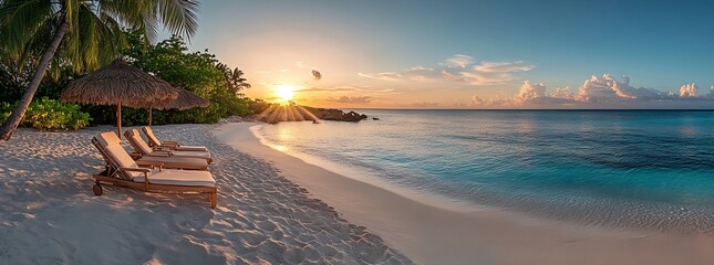 Poster - Serene Beach Sunset with Turquoise Water White Sand and Beach Chairs for Relaxing Vacation Vibes : Generative AI