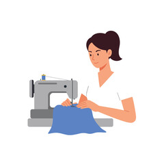 Poster - Woman operating a sewing machine in a minimal flat vector illustration