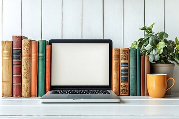 Aufkleber - Home Office Setup with Laptop Books Coffee Mug and Plant against White Wood Panels : Generative AI