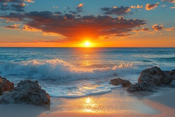 Poster - Spectacular Sunset Over Ocean Waves with Rocky Shoreline for Serene Coastal Landscape : Generative AI